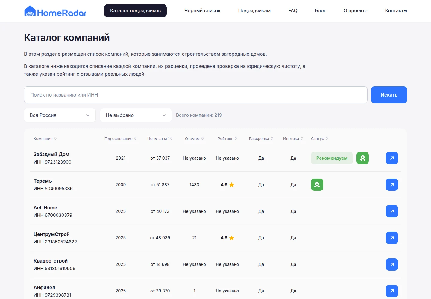 Каталог HomeRadar с поиском, фильтрами и таблицей компаний