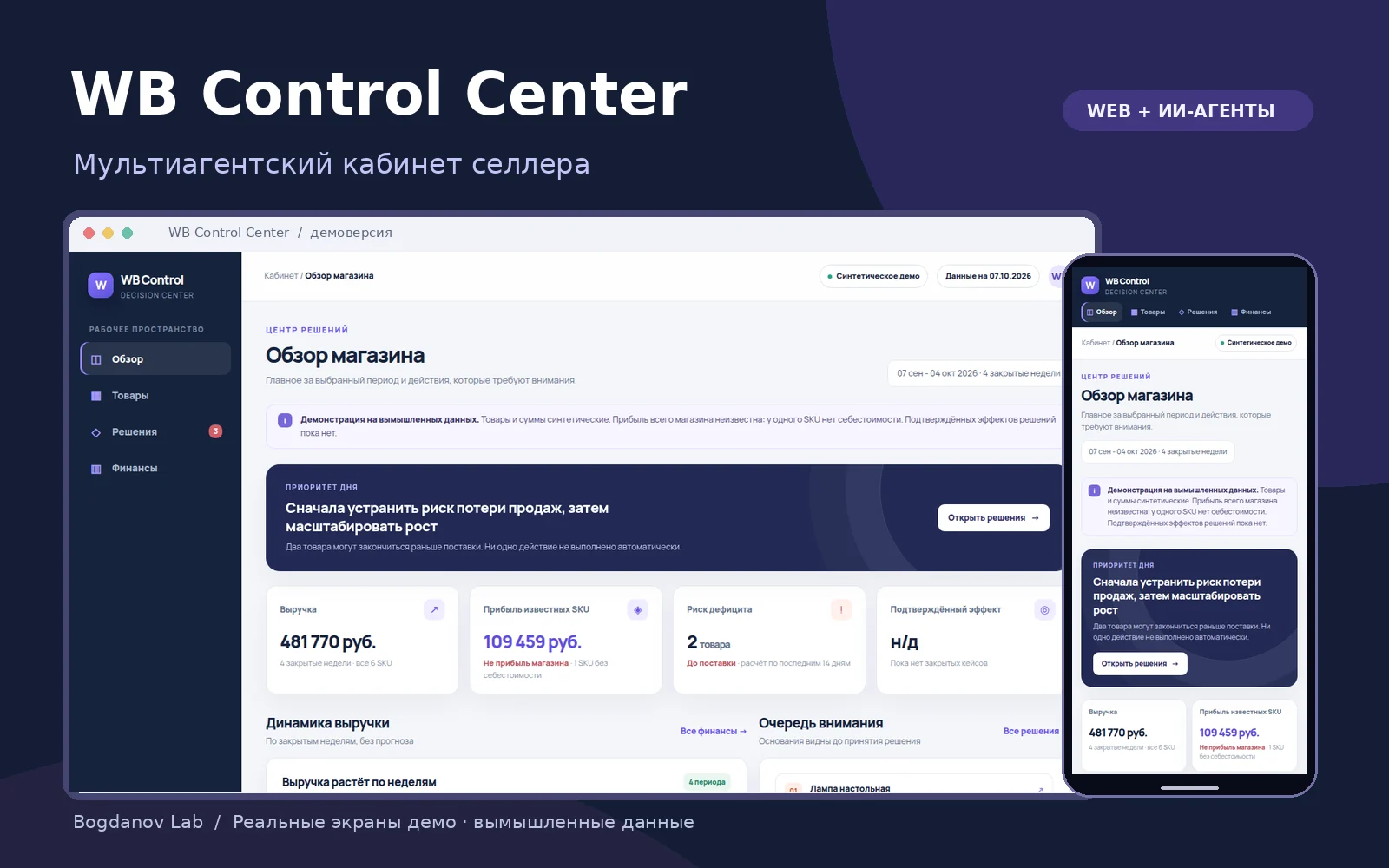 WB Control Center: реальные экраны демо веб-кабинета в макетах браузера и телефона